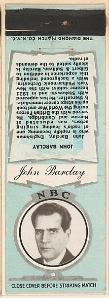 John Barclay from NBC Radio Stars Match Cover design series (U23) issued by Diamond Match Company, The Diamond Match Company, Printed matchbook 