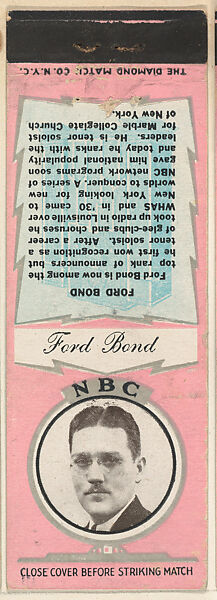 Ford Bond from NBC Radio Stars Match Cover design series (U23) issued by Diamond Match Company, The Diamond Match Company, Printed matchbook 