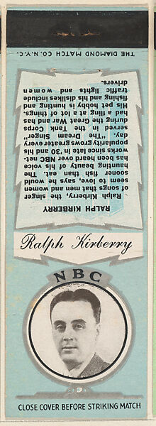 Ralph Kirberry from NBC Radio Stars Match Cover design series (U23) issued by Diamond Match Company, The Diamond Match Company, Printed matchbook 