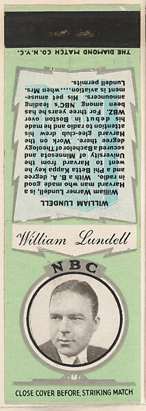 William Lundell from NBC Radio Stars Match Cover design series (U23) issued by Diamond Match Company, The Diamond Match Company (American, founded 1881), Printed matchbook 