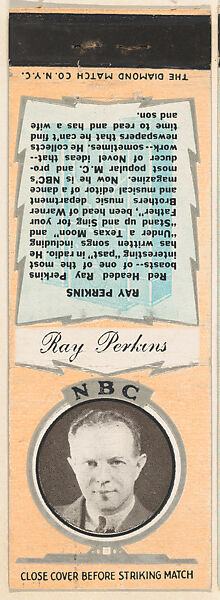 Ray Perkins from NBC Radio Stars Match Cover design series (U23) issued by Diamond Match Company, The Diamond Match Company, Printed matchbook 