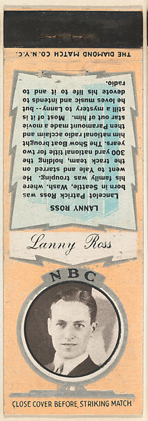 Lanny Ross from NBC Radio Stars Match Cover design series (U23) issued by Diamond Match Company, The Diamond Match Company, Printed matchbook 