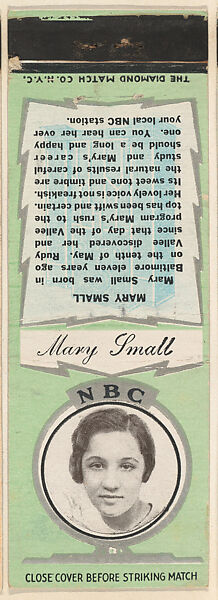 Mary Small from NBC Radio Stars Match Cover design series (U23) issued by Diamond Match Company, The Diamond Match Company, Printed matchbook 