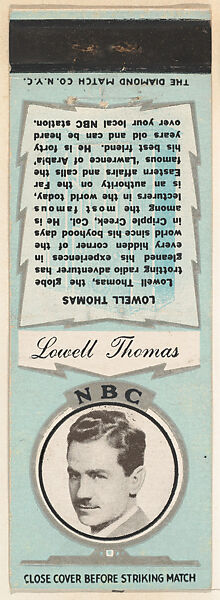 Lowell Thomas from NBC Radio Stars Match Cover design series (U23) issued by Diamond Match Company, The Diamond Match Company (American, founded 1881), Printed matchbook 