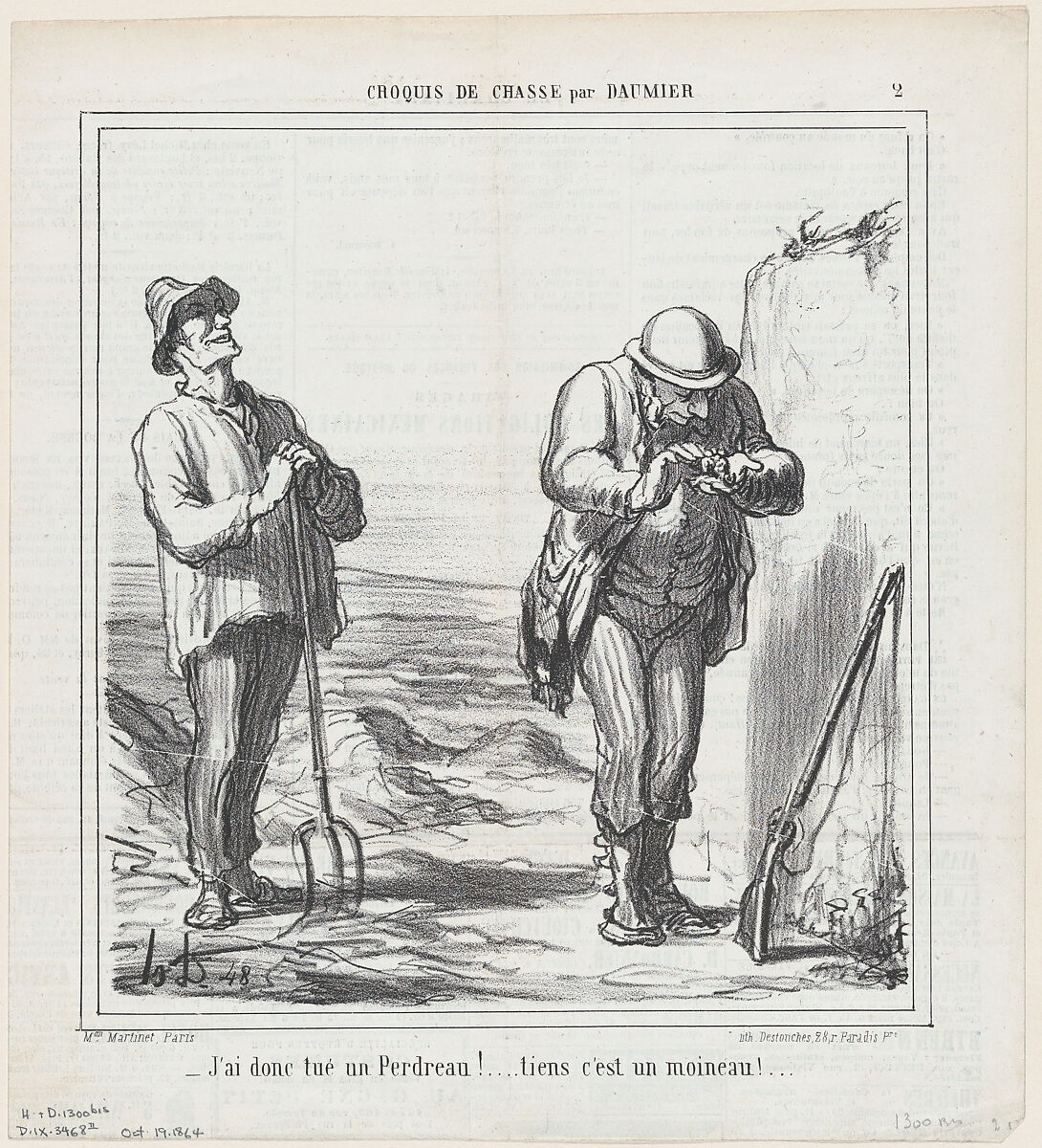 So I have bagged a partridge!... Oh well, it's just a sparrow!..., from 'Hunting sketches,' published in Le Charivari, October 19, 1864, Honoré Daumier (French, Marseilles 1808–1879 Valmondois), Lithograph on newsprint; second state of two (Delteil) 