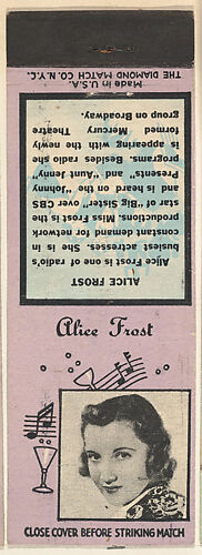 Alice Frost from Musical Stars Match Cover design series (U24) issued by Diamond Match Company