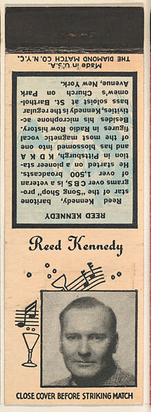 Reed Kennedy from Musical Stars Match Cover design series (U24) issued by Diamond Match Company, The Diamond Match Company, Printed matchbook 