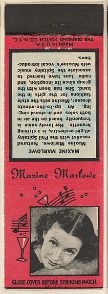 Maxine Marlowe from Musical Stars Match Cover design series (U24) issued by Diamond Match Company, The Diamond Match Company, Printed matchbook 
