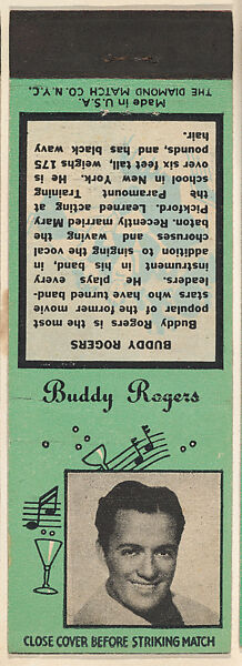 Buddy Rogers from Musical Stars Match Cover design series (U24) issued by Diamond Match Company, The Diamond Match Company, Printed matchbook 
