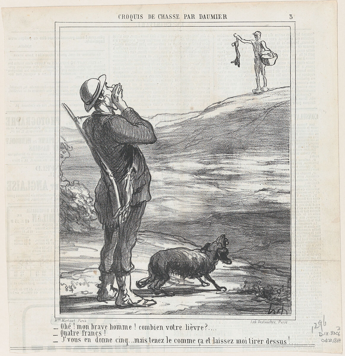 Hello! My good man! How much for your hare?, from 'Hunting sketches,' published in Le Charivari, October 20, 1864, Honoré Daumier (French, Marseilles 1808–1879 Valmondois), Lithograph on newsprint; second state of two (Delteil) 