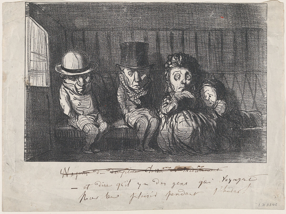 To imagine that there are people who even travel in winter for fun and enjoyment!, from 'Winter sketches,' published in Le Petit Journal pour Rire, December 3, 1864, Honoré Daumier (French, Marseilles 1808–1879 Valmondois), Lithograph, pen and ink notations; first state of three (Delteil) 