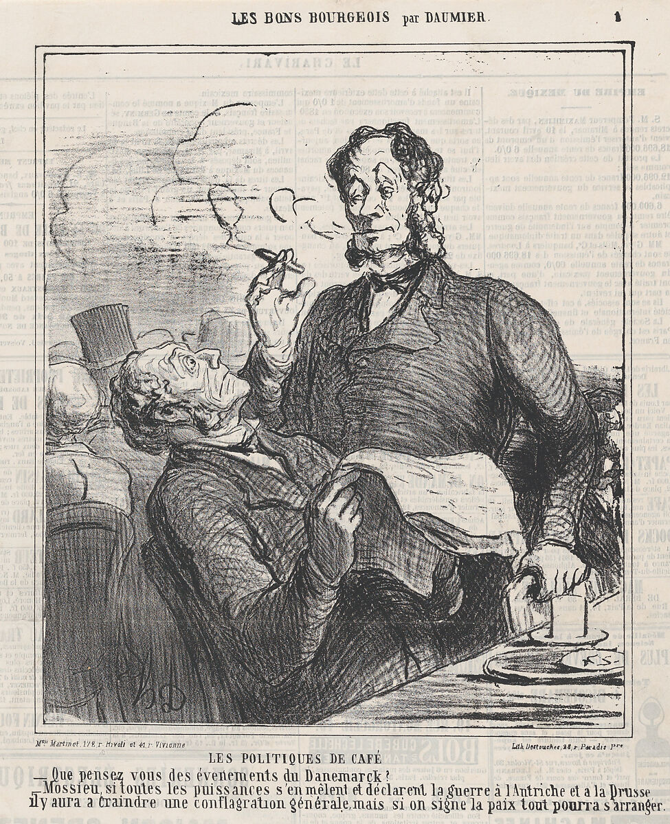 Coffee house politics, from 'The good bourgeois,' published in "Le Charivari", April 21, 1864, Honoré Daumier (French, Marseilles 1808–1879 Valmondois), Lithograph on newsprint; third state of three (Delteil) 