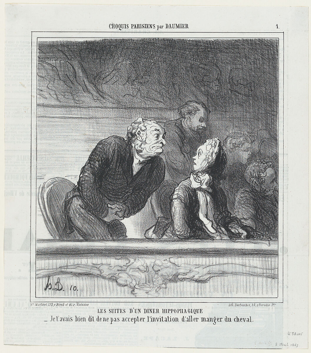 Consequences of a horsemeat dinner, from 'Parisian sketches,' published in Le Charivari, April 8, 1865, Honoré Daumier (French, Marseilles 1808–1879 Valmondois), Lithograph on newsprint; second state of two (Delteil) 
