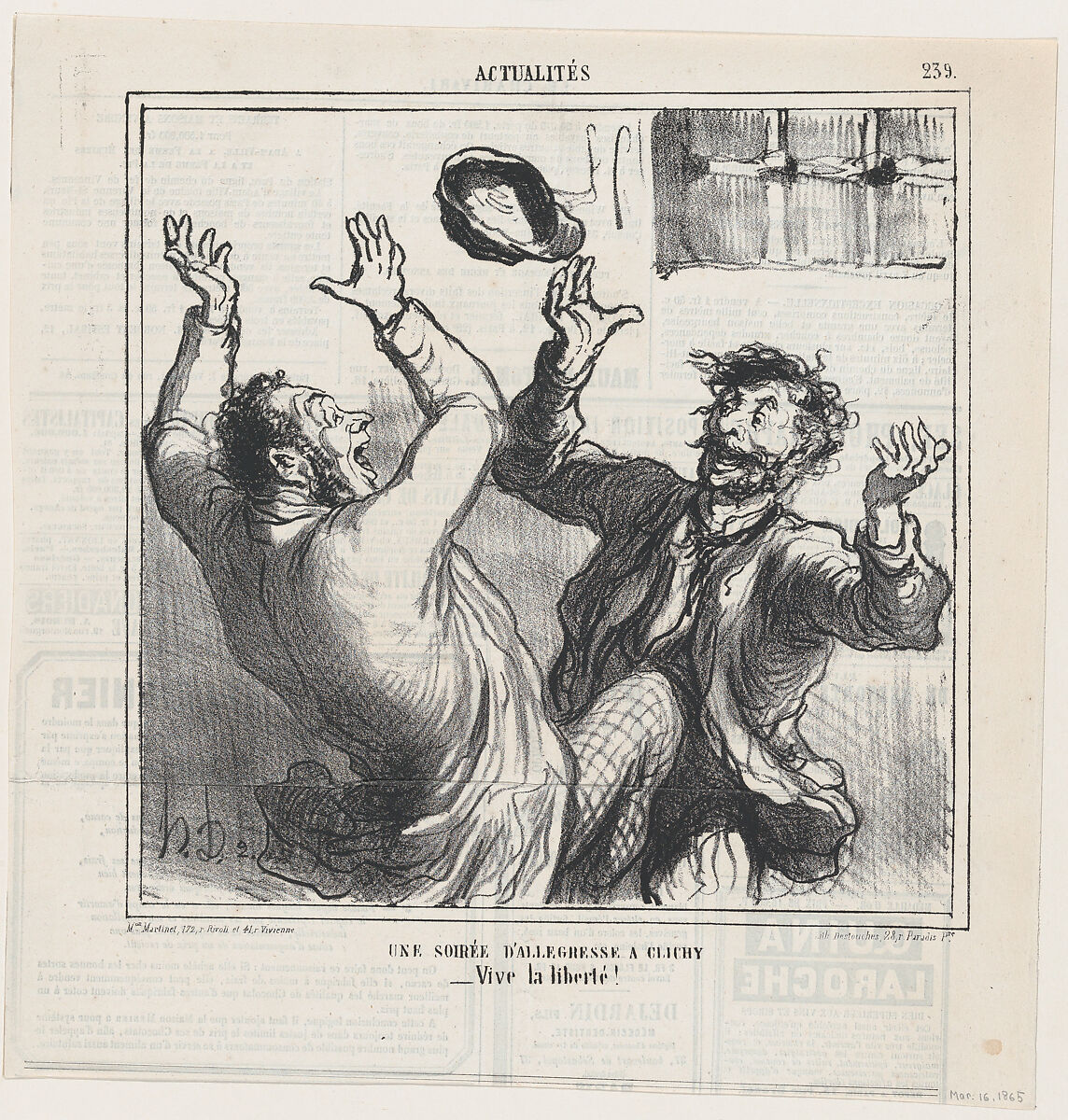 A happy evening party in Clichy, from 'News of the day,' published in Le Charivari, March 16, 1865, Honoré Daumier (French, Marseilles 1808–1879 Valmondois), Lithograph on newsprint; second state of two (Delteil) 