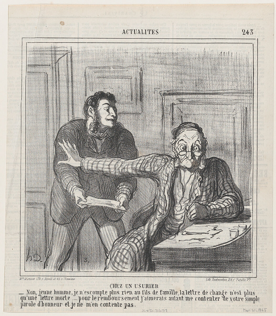 At a usurer's, from 'News of the day,' published in Le Charivari, March 21, 1865, Honoré Daumier (French, Marseilles 1808–1879 Valmondois), Lithograph on newsprint; second state of two (Delteil) 