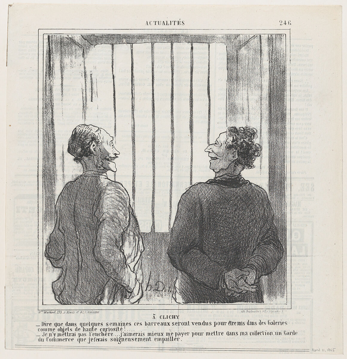 In Clichy, from 'News of the day,' published in Le Charivari, April 11, 1865, Honoré Daumier (French, Marseilles 1808–1879 Valmondois), Lithograph on newsprint; second state of two (Delteil) 