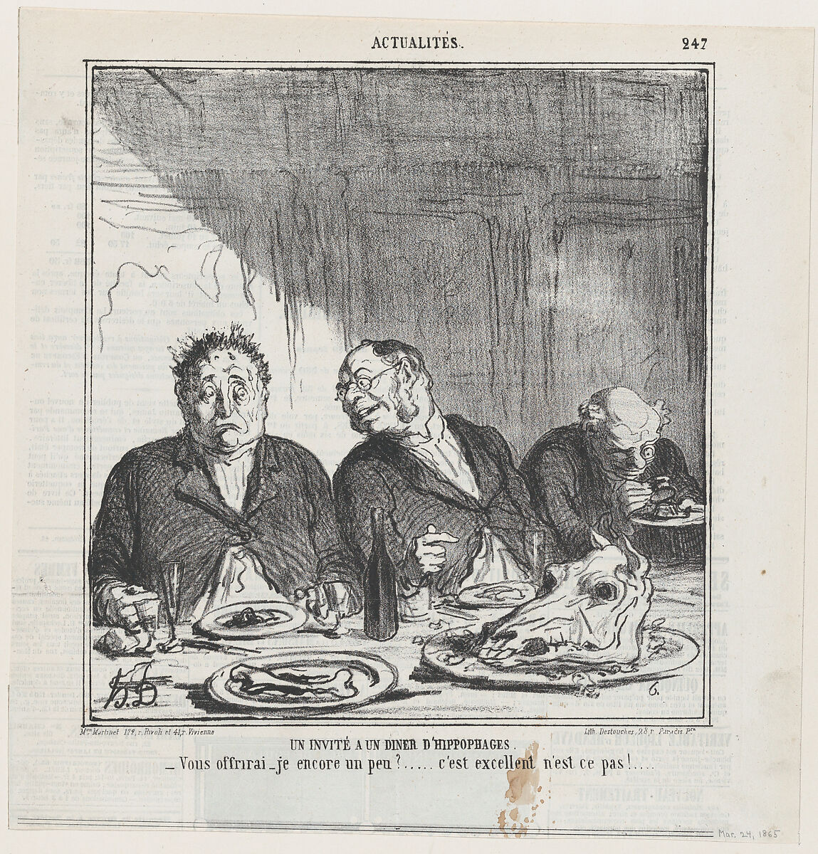 A guest to a horsemeat dinner, from 'News of the day,' published in Le Charivari, March 24, 1865, Honoré Daumier (French, Marseilles 1808–1879 Valmondois), Lithograph on newsprint; second state of two (Delteil) 