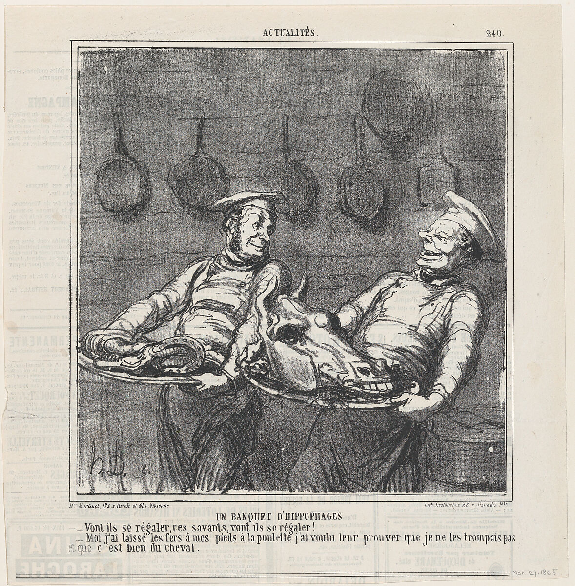 A horsemeat banquet, from 'News of the day,' published in Le Charivari, March 29, 1865, Honoré Daumier (French, Marseilles 1808–1879 Valmondois), Lithograph on newsprint; second state of two (Delteil) 