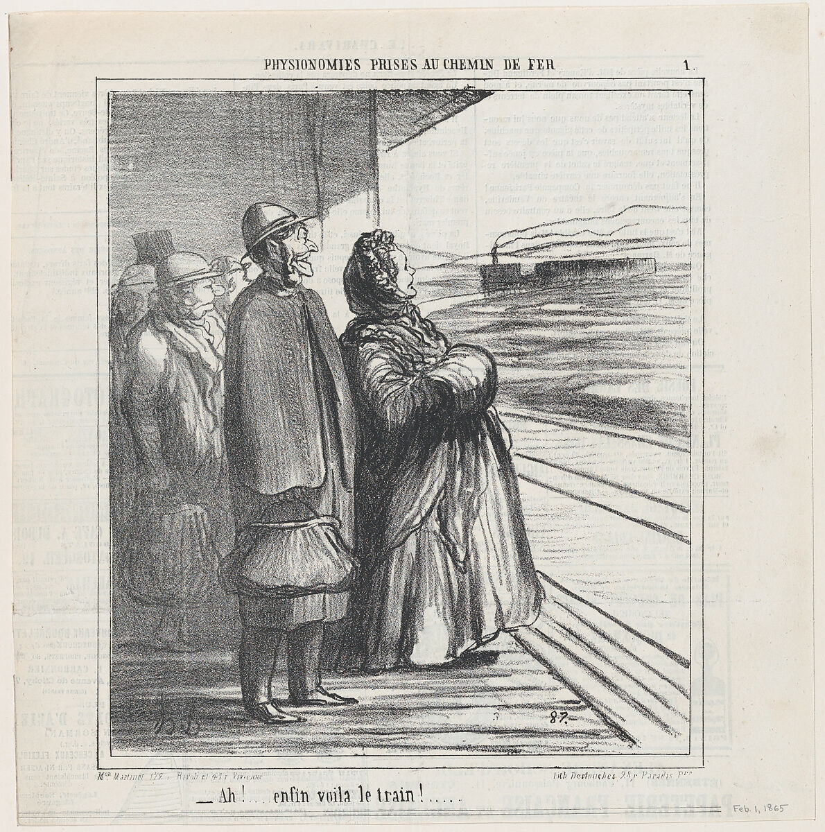 Finally! Here comes the train, from 'People on the train,' published in Le Charivari, February 1, 1865, Honoré Daumier (French, Marseilles 1808–1879 Valmondois), Lithograph on newsprint; second state of two (Delteil) 