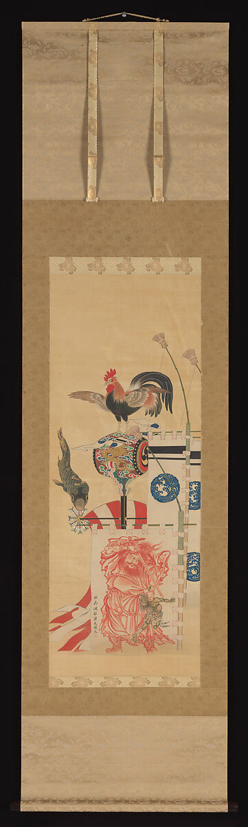Boy’s Day Carp Streamer and Shōki Banner, Kawanabe Kyōsai 河鍋暁斎 (Japanese, 1831–1889), Hanging scroll; ink and color on silk, Japan