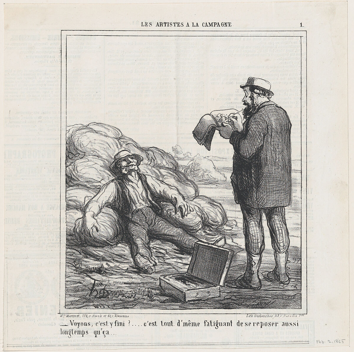 Well, are you finally finished?... after all, it's tiring to relax for such a long time, from 'The countryside artists,' published in Le Charivari, February 2, 1865, Honoré Daumier (French, Marseilles 1808–1879 Valmondois), Lithograph on newsprint 