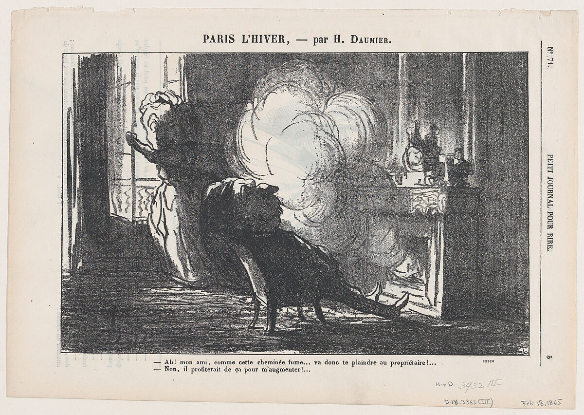 Just look at that, my friend, how the fireplace is smoking..., from 'Paris in winter,' published in Le Petit Journal pour Rire, February 18, 1865, Honoré Daumier (French, Marseilles 1808–1879 Valmondois), Lithograph on newsprint; third state of three (Delteil) 