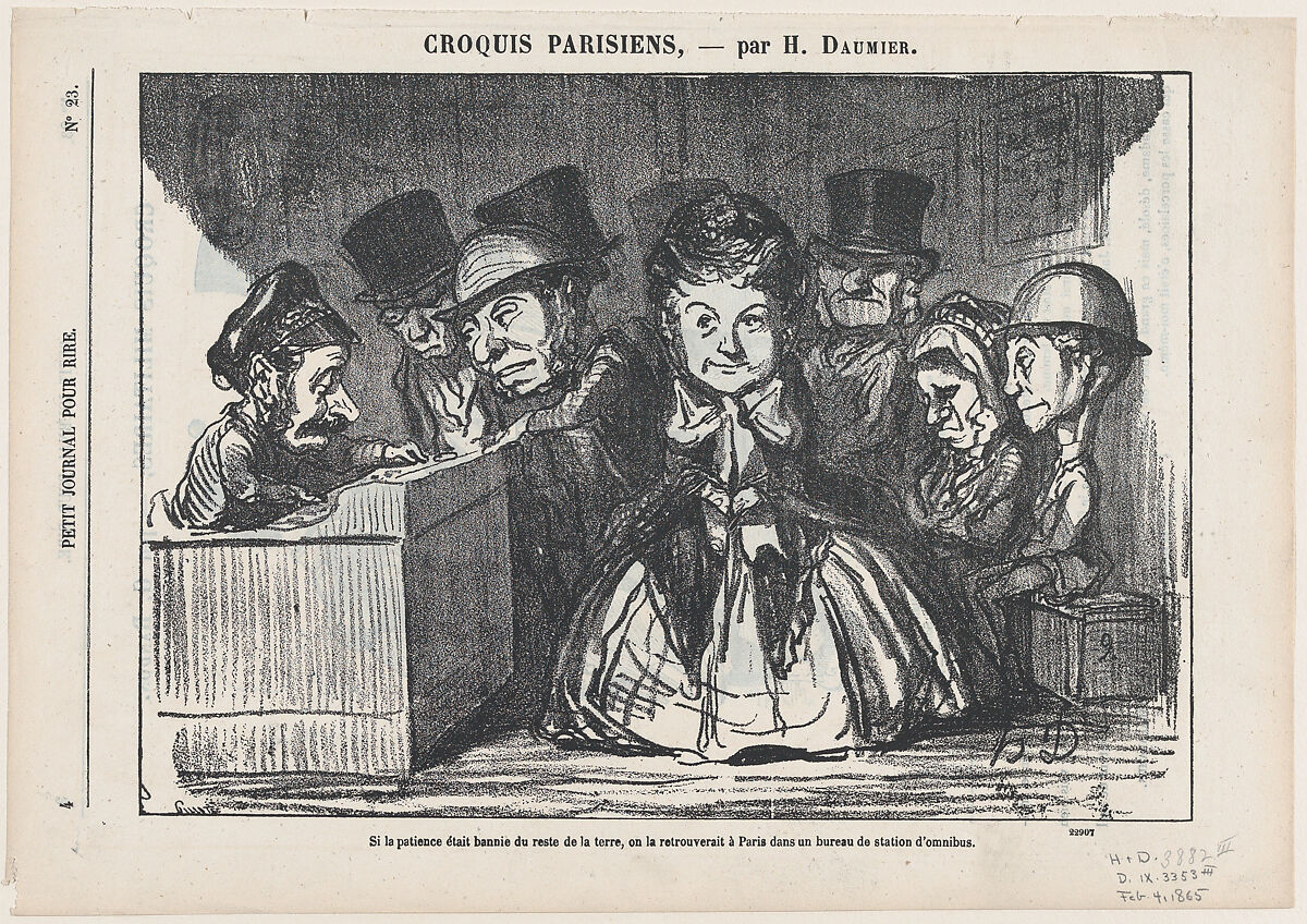 If patience had disappeared all over the world, one would surely find it again at a bus station in Paris, from 'Parisian sketches,' published in Le Petit Journal pour Rire, February 4, 1865, Honoré Daumier (French, Marseilles 1808–1879 Valmondois), Lithograph on newsprint; third state of three (Delteil) 