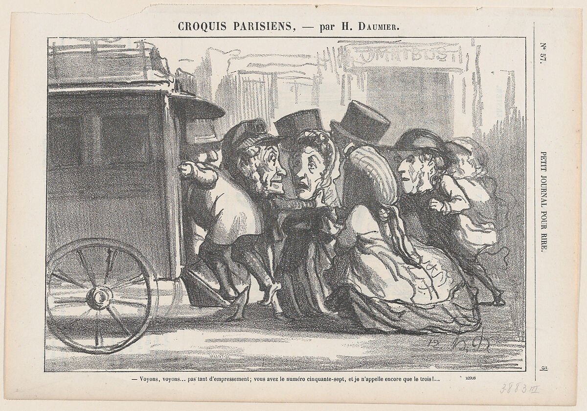 Stop pushing please... you have the number 57 and I just called number 3!, from 'Parisian sketches,' published in Le Petit Journal pour Rire, February 4, 1865, Honoré Daumier (French, Marseilles 1808–1879 Valmondois), Lithograph on newsprint; third state of three (Delteil) 