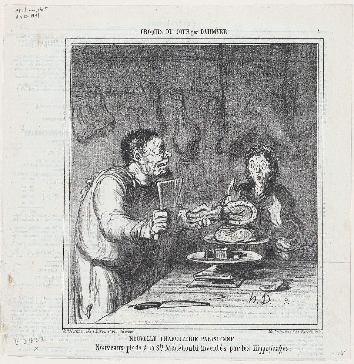 New Parisian butcher's shop, from 'Sketches of the day,' published in Le Charivari, April 22, 1865, Honoré Daumier (French, Marseilles 1808–1879 Valmondois), Lithograph on newsprint; second state of two (Delteil) 