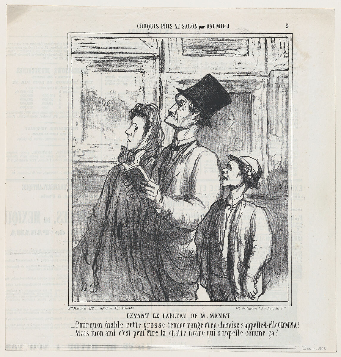 Looking at a Manet painting, from 'Sketches from the Salon,' published in Le Charivari, June 19, 1865, Honoré Daumier (French, Marseilles 1808–1879 Valmondois), Lithograph on newsprint; second state of two (Delteil) 