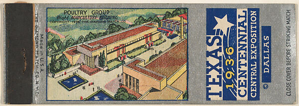 Poultry Group. Agricultural Building from Texas Centennial Central Exposition, Dallas 1936 Match Cover series (U34), The Diamond Match Company, Printed matchbook 