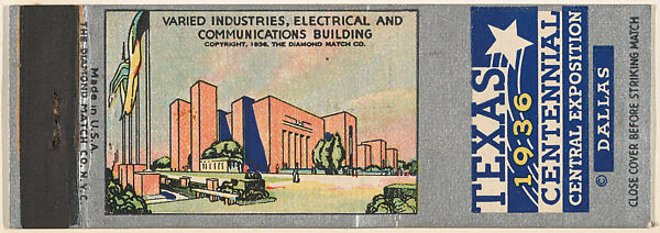 Varied Industries, Electrical and Communications Building from Texas Centennial Central Exposition, Dallas 1936 Match Cover series (U34), The Diamond Match Company, Printed matchbook 