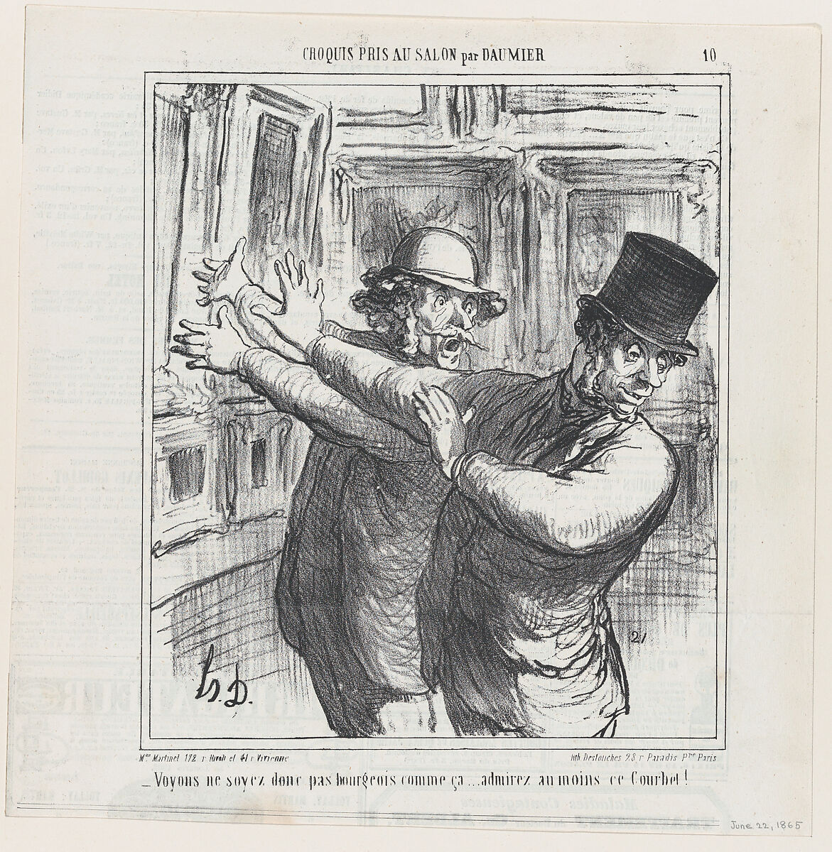 Come on... don't be such a bourgeois.... at least have a look at this Courbet!, from 'Sketches from the Salon,' published in Le Charivari, June 22, 1865, Honoré Daumier (French, Marseilles 1808–1879 Valmondois), Lithograph on newsprint; second state of two (Delteil) 