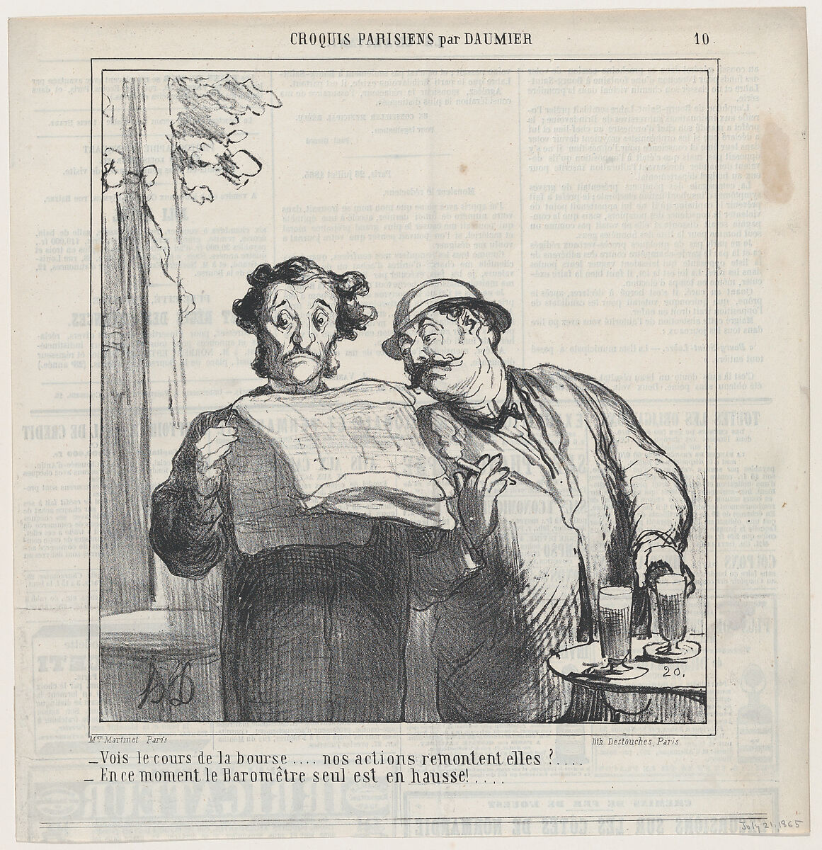 Look, the quotations from the stock exchange... are our shares going up?, from 'Parisian Sketches,' published in Le Charivari, July 21, 1865, Honoré Daumier (French, Marseilles 1808–1879 Valmondois), Lithograph on newsprint; second state of two (Delteil) 