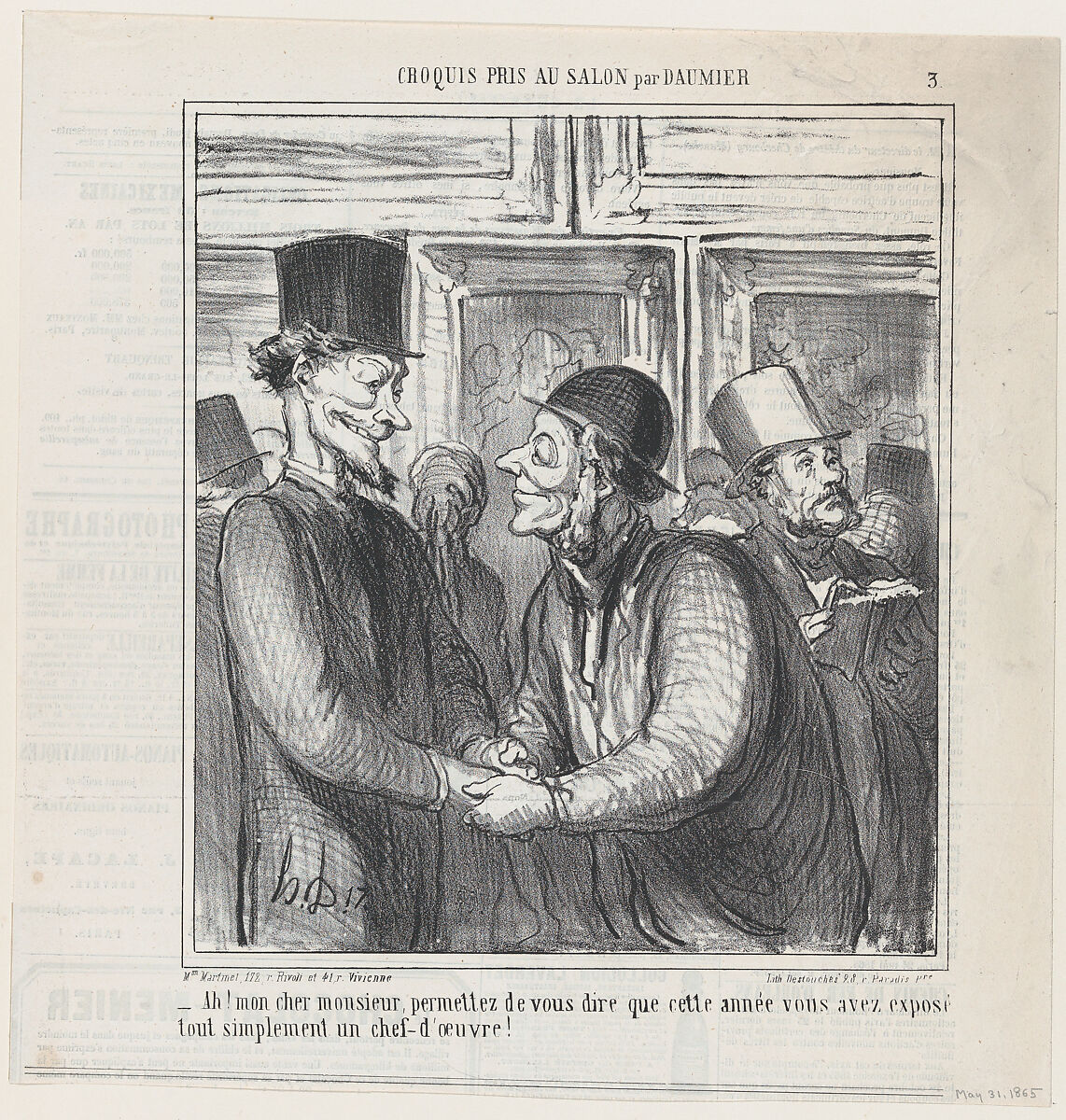 Ah, my dear sir, allow me to tell you that this year you have quite simply exhibited a masterpiece, from 'Sketches from the Salon,' published in Le Charivari, May 31, 1865, Honoré Daumier (French, Marseilles 1808–1879 Valmondois), Lithograph on newsprint; second state of two (Delteil) 