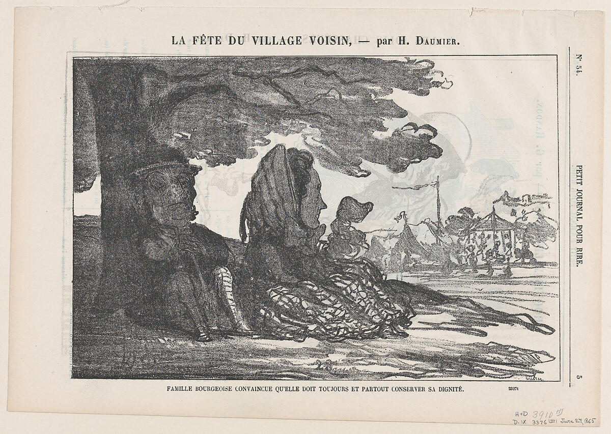 A bourgeois family convinced that they must preserve their dignity always and everywhere, from 'A celebration in the neighboring village,' published in Le Petit Journal pour Rire, June 24, 1865, Honoré Daumier (French, Marseilles 1808–1879 Valmondois), Lithograph on newsprint; third state of three (Delteil) 