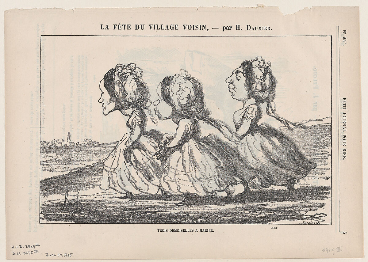 Three marriageable young ladies, from 'A celebration in the neighboring village,' published in Le Petit Journal pour Rire, June 24, 1865, Honoré Daumier (French, Marseilles 1808–1879 Valmondois), Lithograph on newsprint; third state of three (Delteil) 