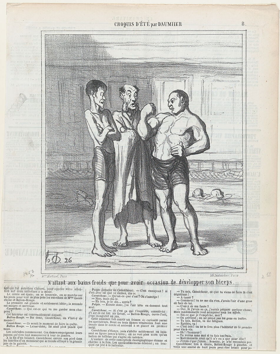 Going to the swimming pool just for the development of one's muscles, from 'Summer sketches,' published in Le Charivari, August 10, 1865, Honoré Daumier (French, Marseilles 1808–1879 Valmondois), Lithograph on newsprint; second state of two (Delteil) 