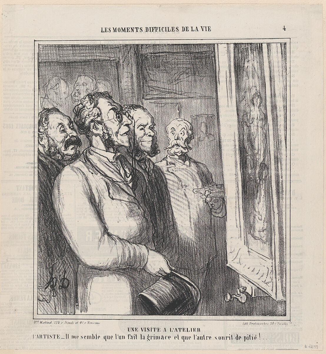 A visit to the studio, from 'The difficult moments of life,' published in Le Charivari, March 28-29, 1864, Honoré Daumier (French, Marseilles 1808–1879 Valmondois), Lithograph on newsprint; second state of two (Delteil) 