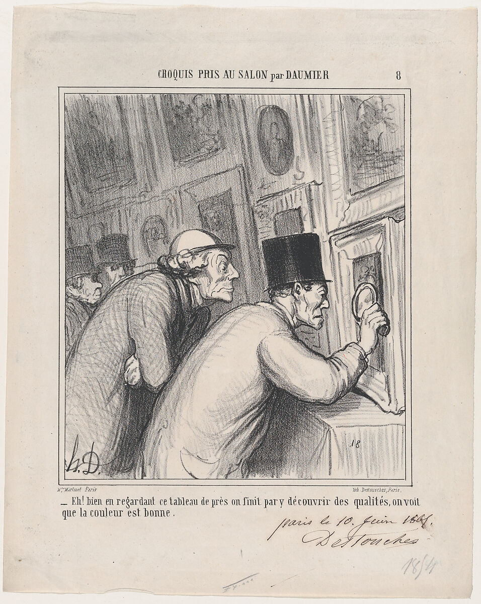 Well, if you look very closely, you might end up finding some quality! The color seems to be good, from 'Sketches from the Salon,' published in Le Charivari, June 16, 1865, Honoré Daumier (French, Marseilles 1808–1879 Valmondois), Lithograph and pen and brown ink on newsprint; first state of two (proof) 