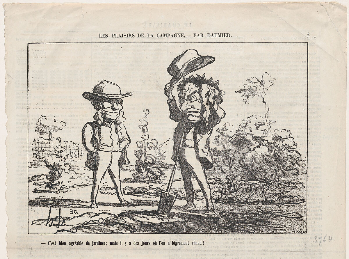 Working in the garden can be fun... but there are days when it is just too damn hot! / One rejoices in pure, unspoiled happiness when harvesting one's own apples... at least as long as one doesn't break one's neck, from "The joys of country life", Honoré Daumier (French, Marseilles 1808–1879 Valmondois), Lithograph on newsprint; second state of two (Delteil) 