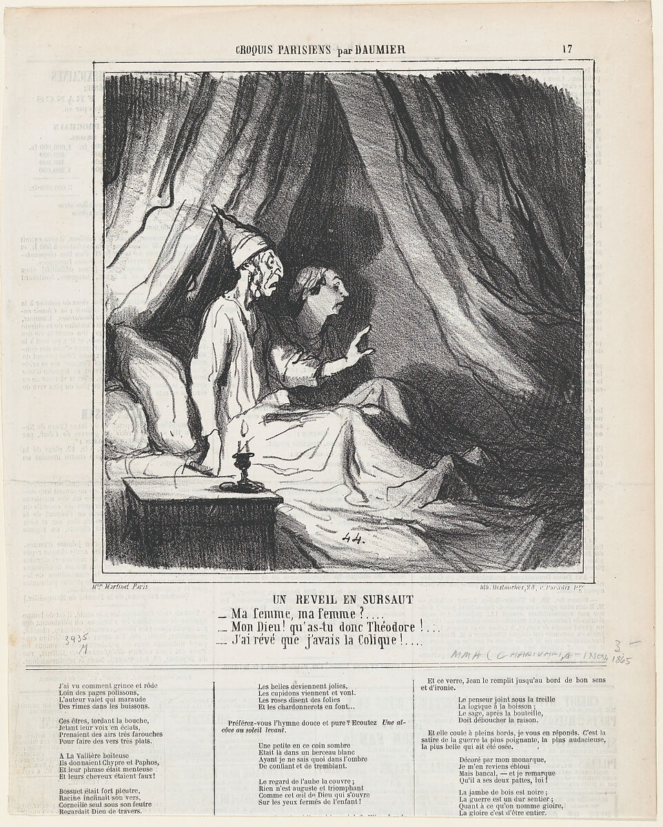 A sudden awakening, from 'Parisian sketches,' published in Le Charivari, November 1, 1865, Honoré Daumier (French, Marseilles 1808–1879 Valmondois), Lithograph on newsprint; second state of two (Delteil) 