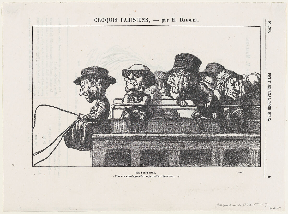 On the imperiale, "At one's feet one can observe the swarming of a human ant-hill," from 'Parisian sketches,' published in Le Petit Journal pour Rire, Honoré Daumier (French, Marseilles 1808–1879 Valmondois), Lithograph on newsprint; second state of two (Delteil) 