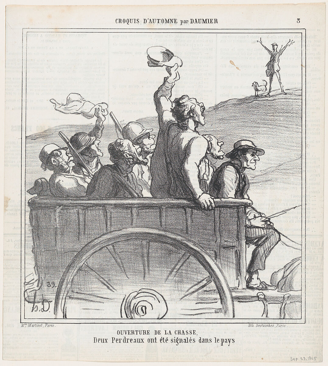 Opening of hunting season, it seems that two partridges have been sighted in the area, from 'Autumn sketches,' published in Le Charivari, September 25, 1865, Honoré Daumier (French, Marseilles 1808–1879 Valmondois), Lithograph on newsprint; second state of two (Delteil) 