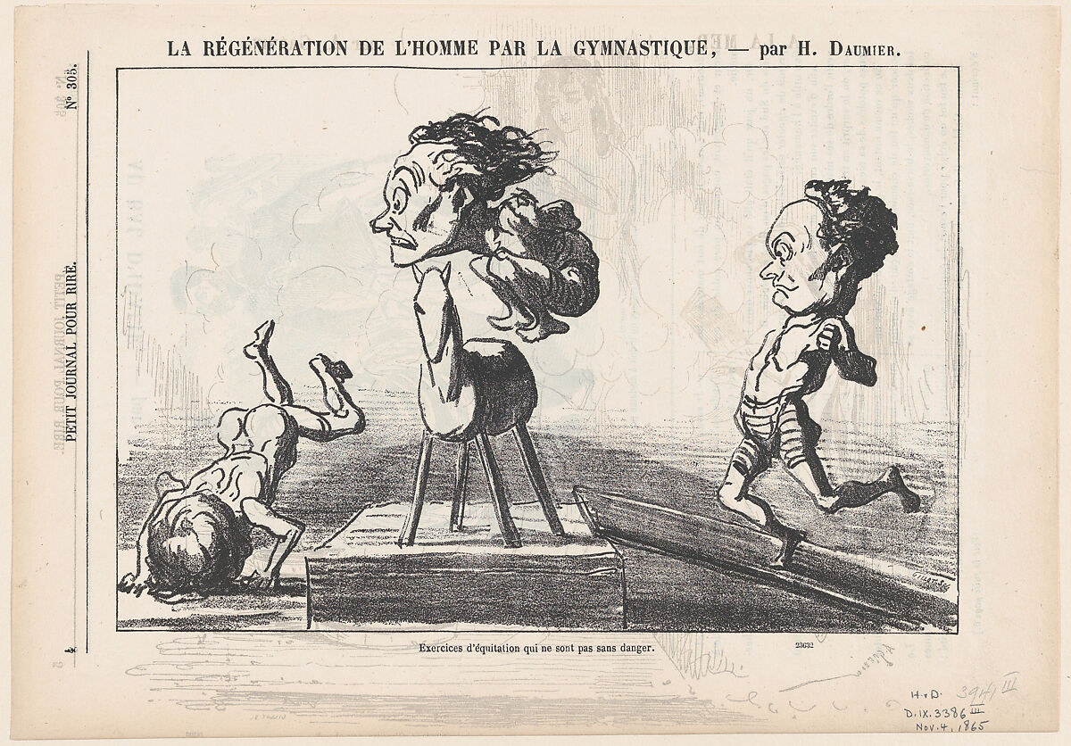 Horseback exercises not without hazards, from 'The regeneration of man through gymnastics,' published in Le Petit Journal pour Rire, November 4, 1865, Honoré Daumier (French, Marseilles 1808–1879 Valmondois), Lithograph on newsprint; third state of three (Delteil) 