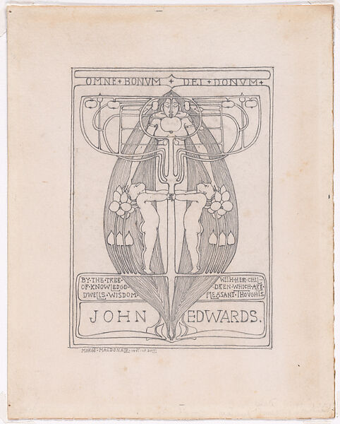 Book plate design for John Edwards: "The Tree of Knowledge", Margaret Macdonald Mackintosh (British, Tipton, near Wolverhampton 1864–1933 London), Graphite, pen and ink 