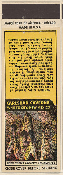 Twin Domes and Giant Stalagmites from Carlsbad Caverns, Souvenir Views Match Cover series (U40.2), Match Corporation of America, Printed matchbook 