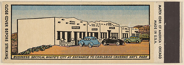 Business Section. White's City at entrance to Carlsbad Caverns Nat'l Park from Carlsbad Caverns, Souvenir Views Match Cover series (U40.2), Match Corporation of America, Printed matchbook 