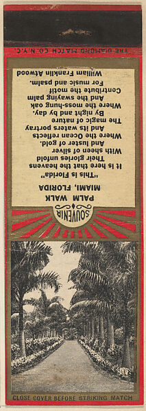 Palm Walk, Miami from Florida, Souvenir Views Match Cover series (U40.5), The Diamond Match Company, Printed matchbook 