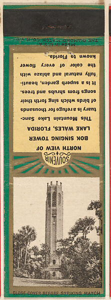 North View of Bok Singing Tower, Lake Wales from Florida, Souvenir Views Match Cover series (U40.5), The Diamond Match Company, Printed matchbook 